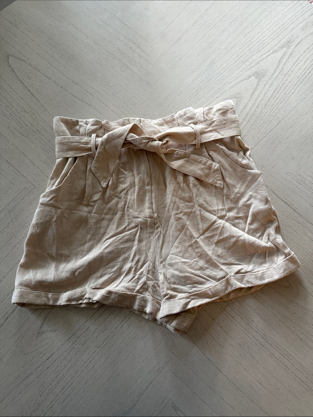 Lulus Light Beige Linen Blend Paperbag Waist Tie Shorts - Size M - [PH1116]